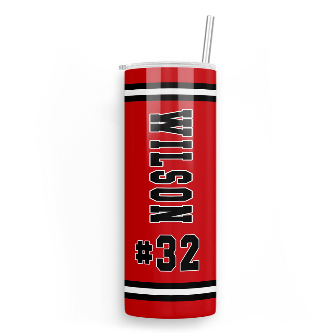 Personalized Jersey Name & Number Skinny Tumbler with Straw | Custom Purple & Gold 20oz Sports Cup