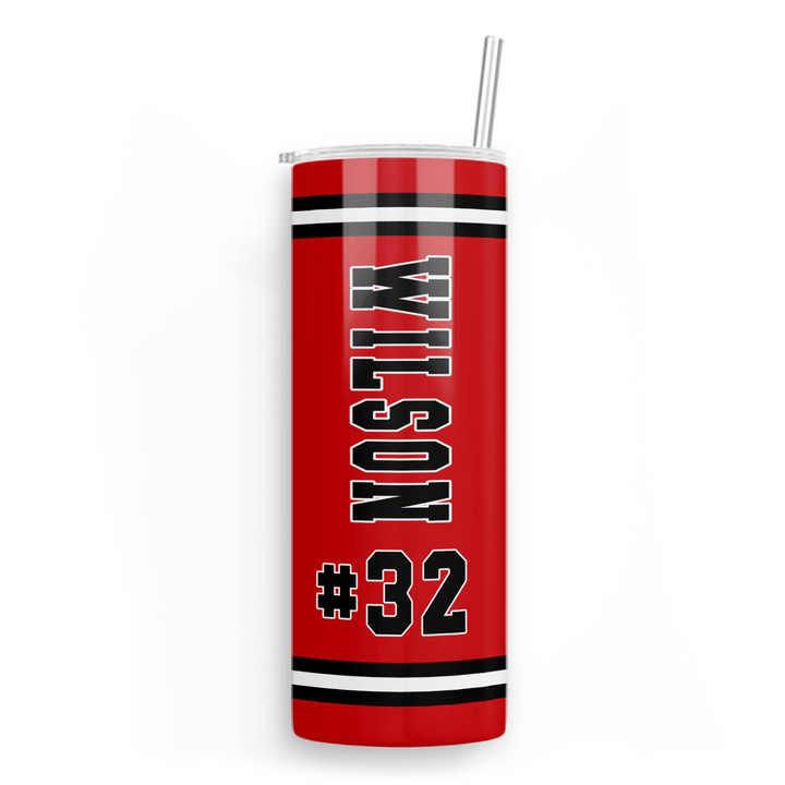 Personalized Jersey Name & Number Skinny Tumbler with Straw | Custom Purple & Gold 20oz Sports Cup