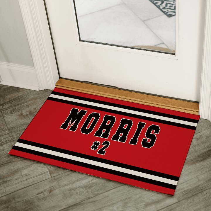 Personalized Jersey Name & Number Doormat | Custom Purple & Gold Sports Welcome Mat