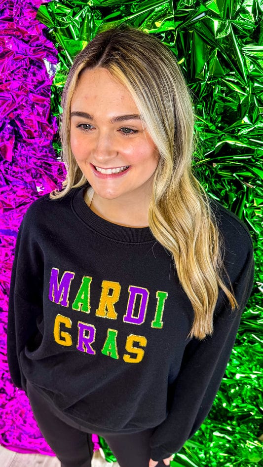 Black Chenille Patch Mardi Gras Cropped Sweatshirt