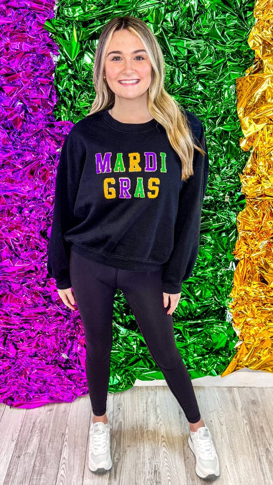 Black Chenille Patch Mardi Gras Cropped Sweatshirt