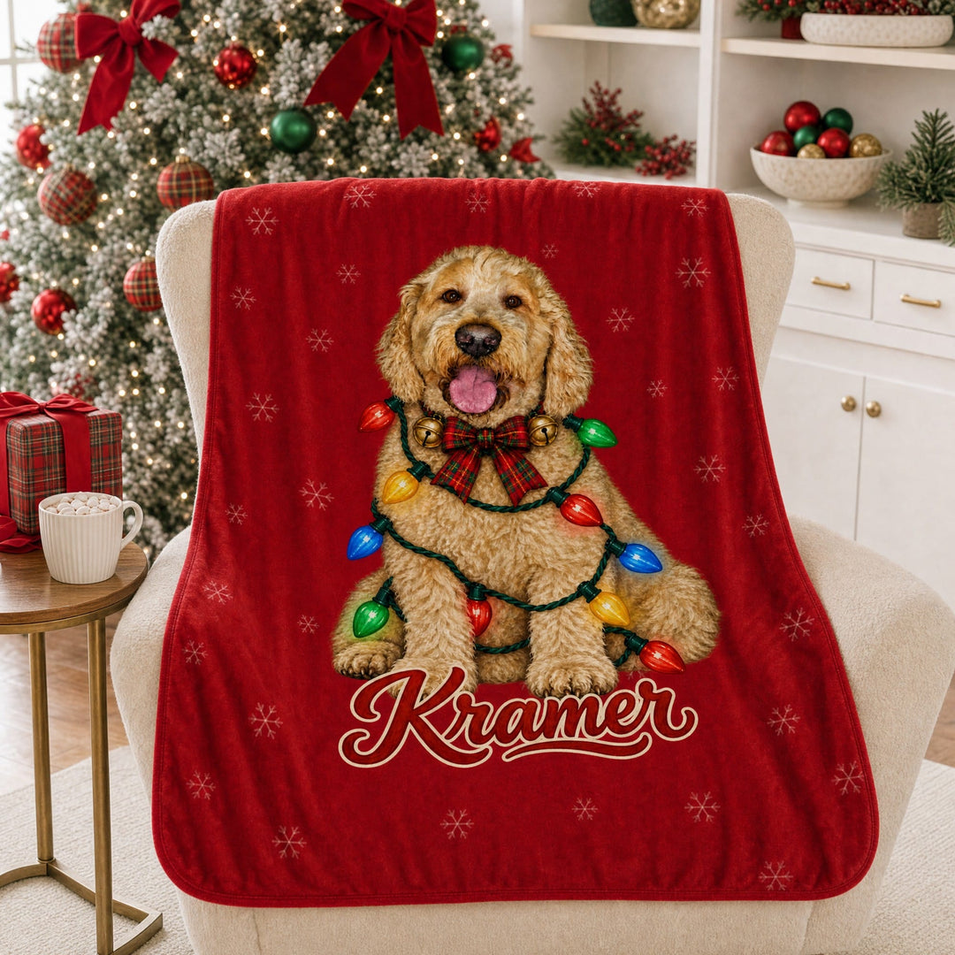 Personalized Christmas pet blanket draped over a chair by the Christmas tree
