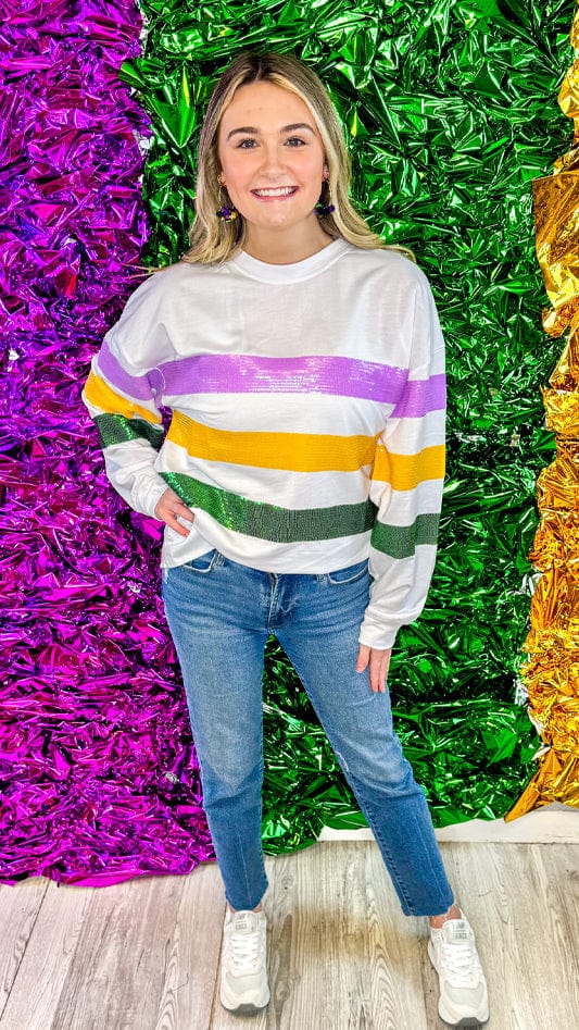 Mardi Gras Sequin Stripe Pullover