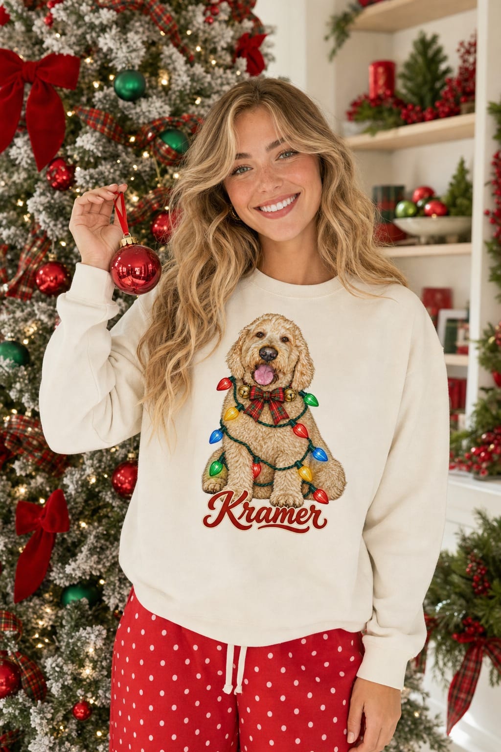 Tangled in Christmas pet sweatshirt in Bone by the Christmas tree