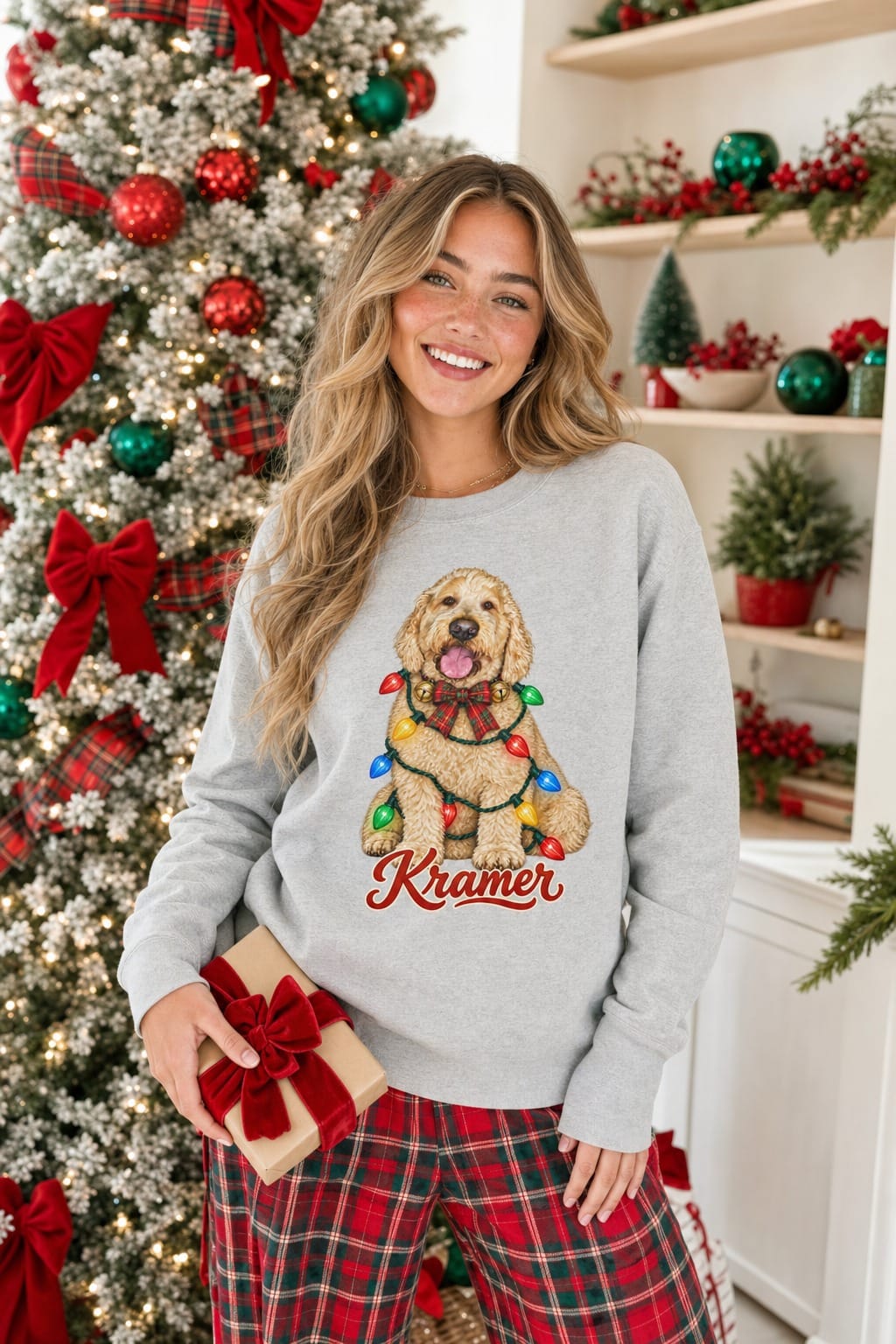 Tangled in Christmas pet sweatshirt in Grey Heather with the pet's name