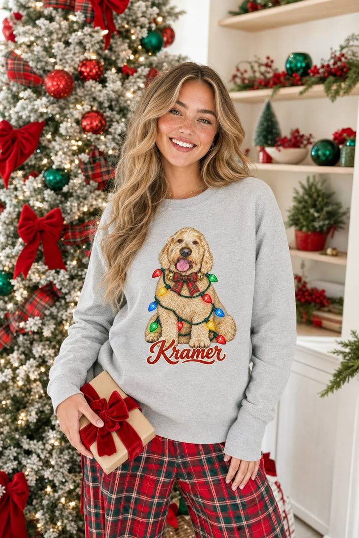 Tangled in Christmas pet sweatshirt in Grey Heather with the pet's name
