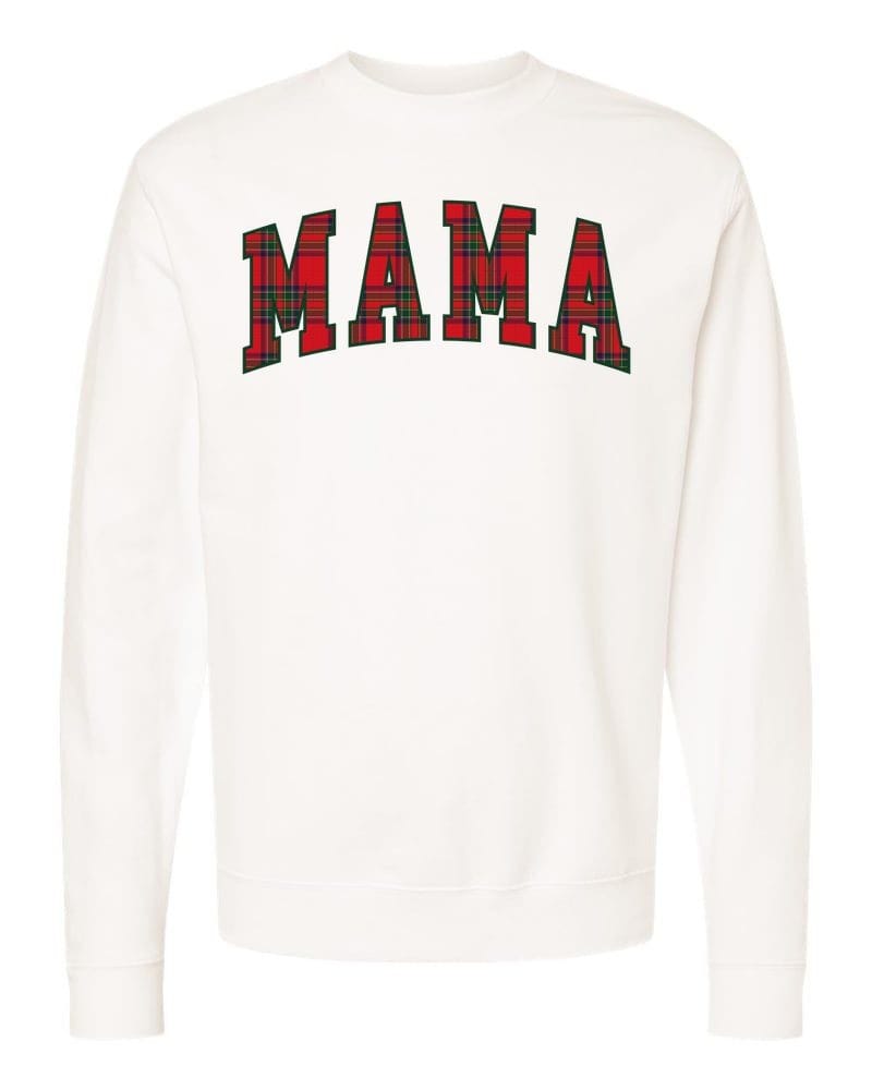 MAMA in classic tartan collegiate letters on a bone sweatshirt