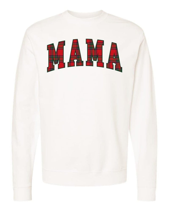 MAMA in classic tartan collegiate letters on a bone sweatshirt