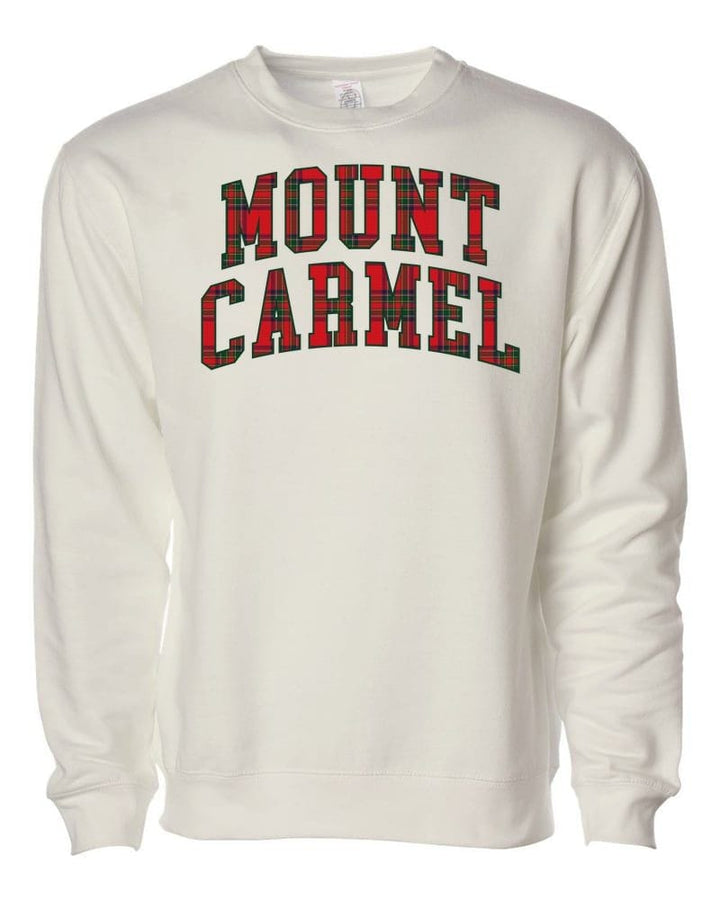 MOUNT CARMEL on two lines in classic tartan collegiate letters on an ivory sweatshirt