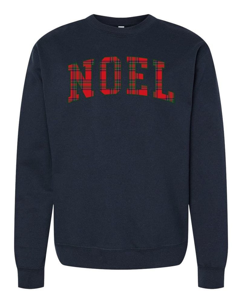 NOEL in classic tartan collegiate letters on a navy sweatshirt