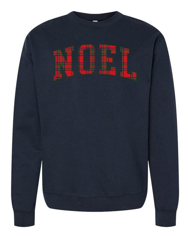 NOEL in classic tartan collegiate letters on a navy sweatshirt