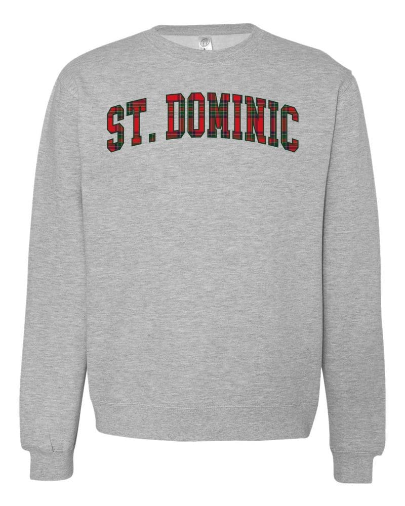 ST. DOMINIC in classic tartan collegiate letters on a grey heather sweatshirt