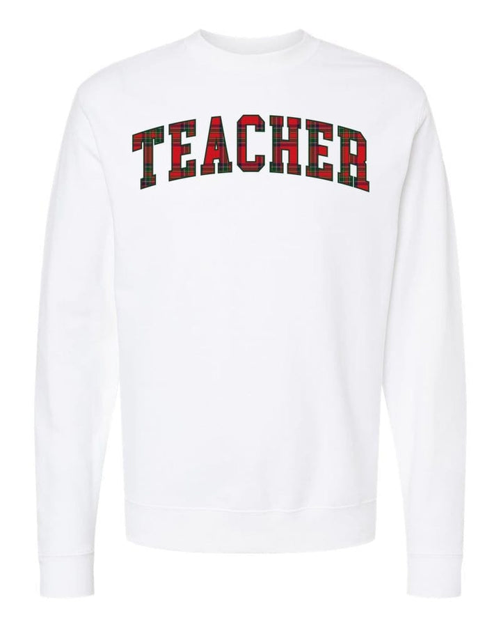 TEACHER in classic tartan collegiate letters on a white sweatshirt