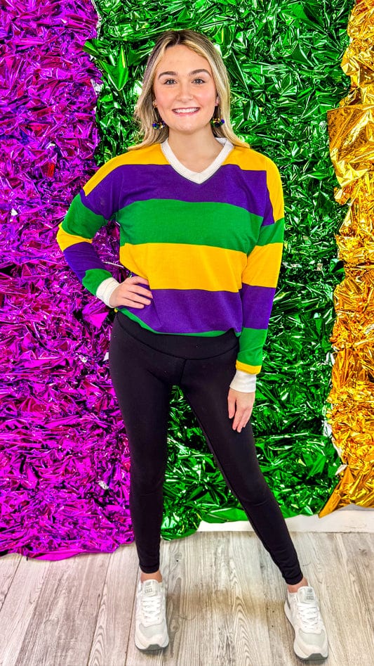 Mardi Gras V-Neck Striped Sweater