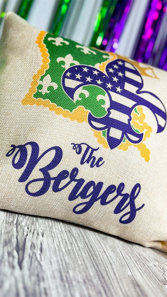 Mardi Gras Personalized Burlap Pillow