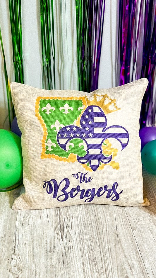 Mardi Gras Personalized Burlap Pillow