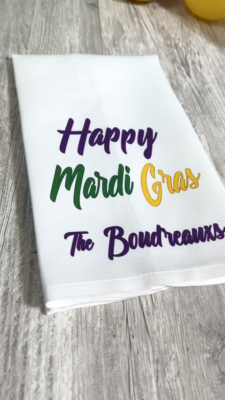 Happy Mardi Gras Personalized Tea Towel