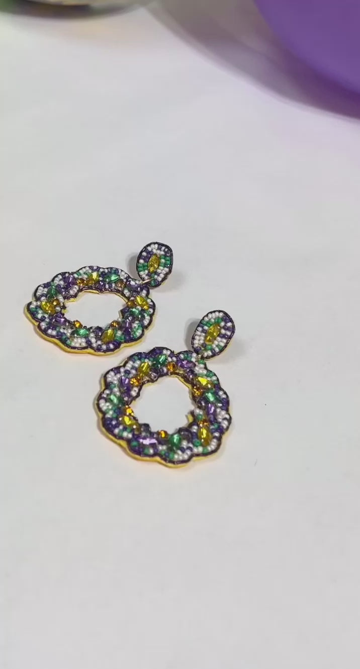 Mardi Gras Beaded and Jeweled King Cake Earrings