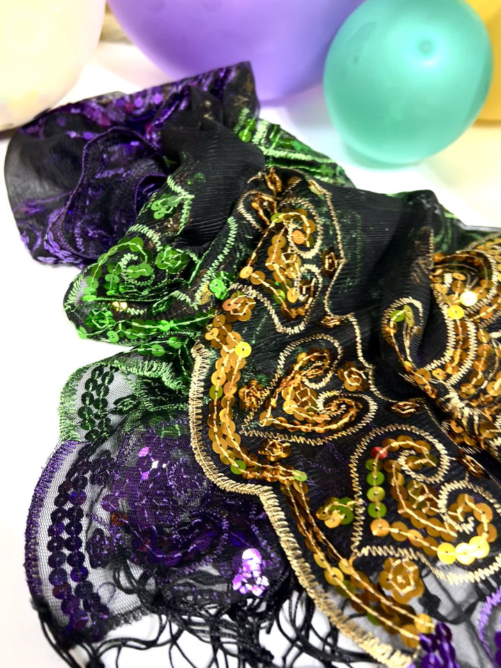 Mardi Gras Sequin Fleur De Lis Scalloped Edge Scarf with Fringe