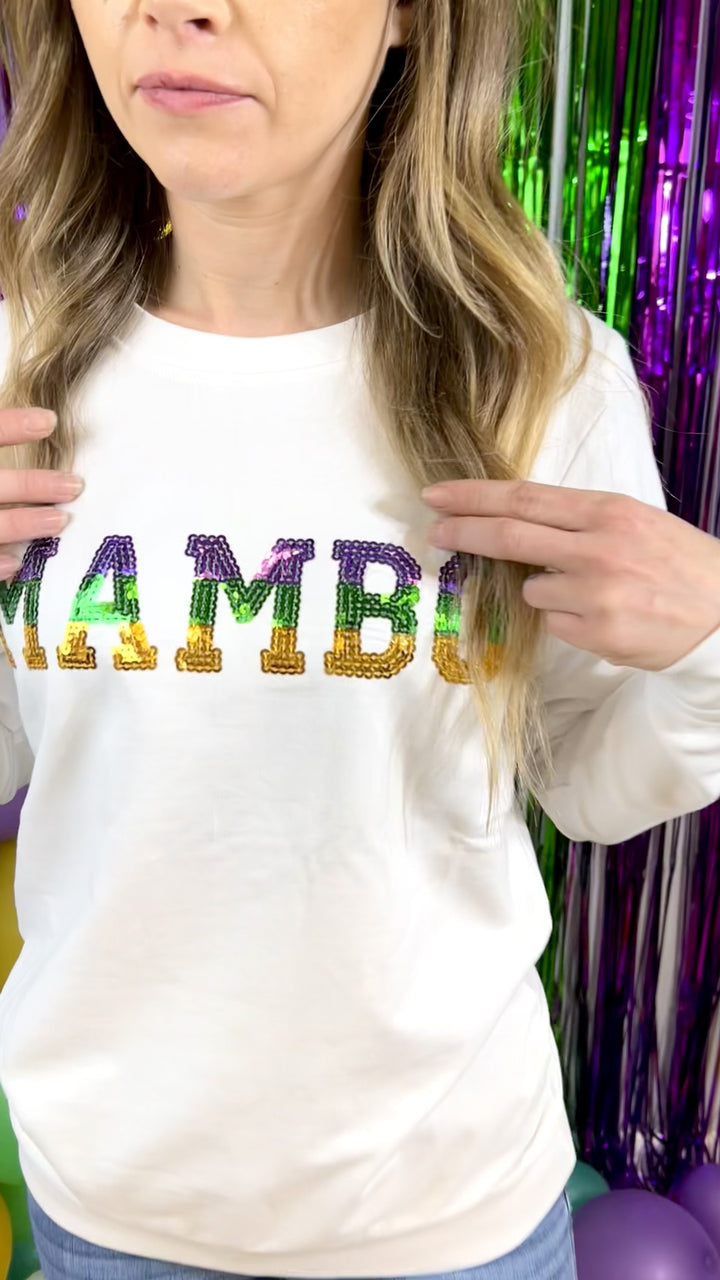 Mardi Gras MAMBO Sequin French Terry Sweatshirt - White