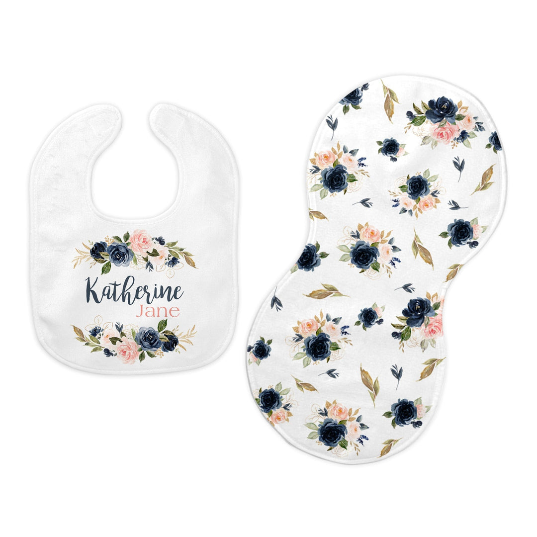 Navy and Blush Bib and Burp Cloth Set | Customized Baby Shower Gift | F1