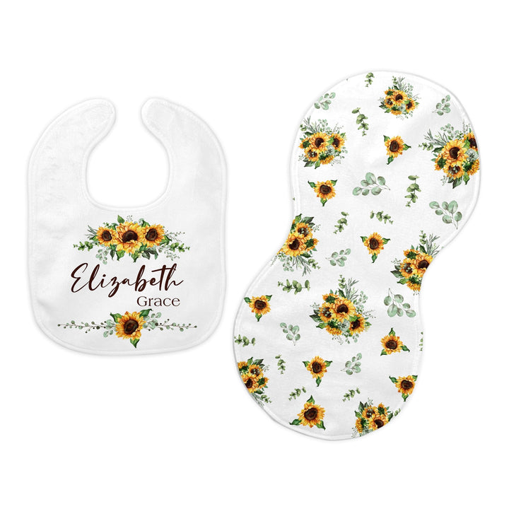 Sunflower Bib and Burp Cloth Set | Customized Baby Shower Gift | F2