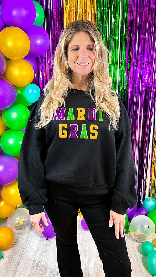 Black Chenille Patch Mardi Gras Cropped Sweatshirt Small