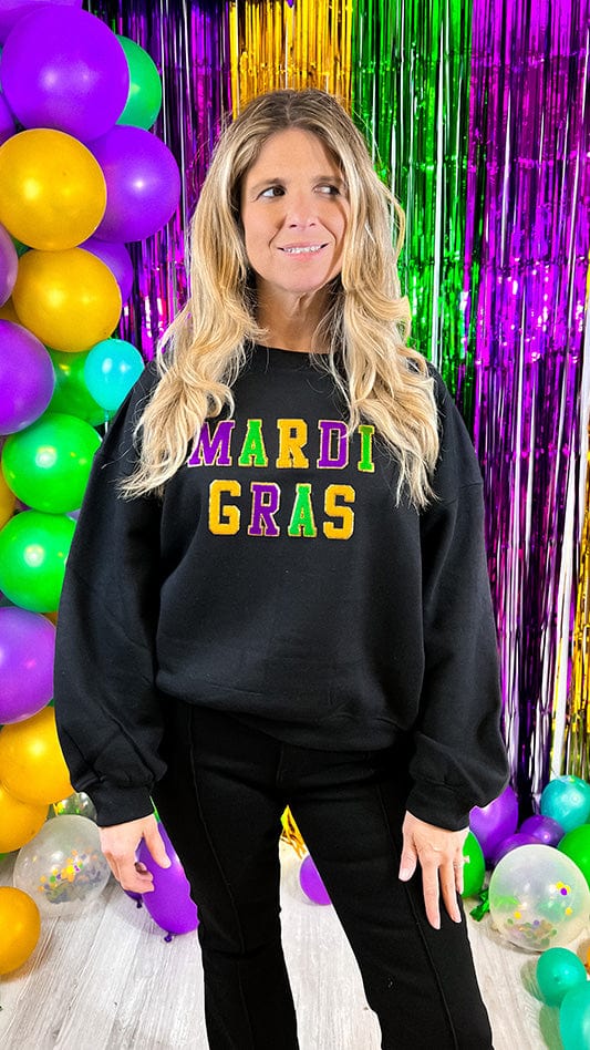 Black Chenille Patch Mardi Gras Cropped Sweatshirt