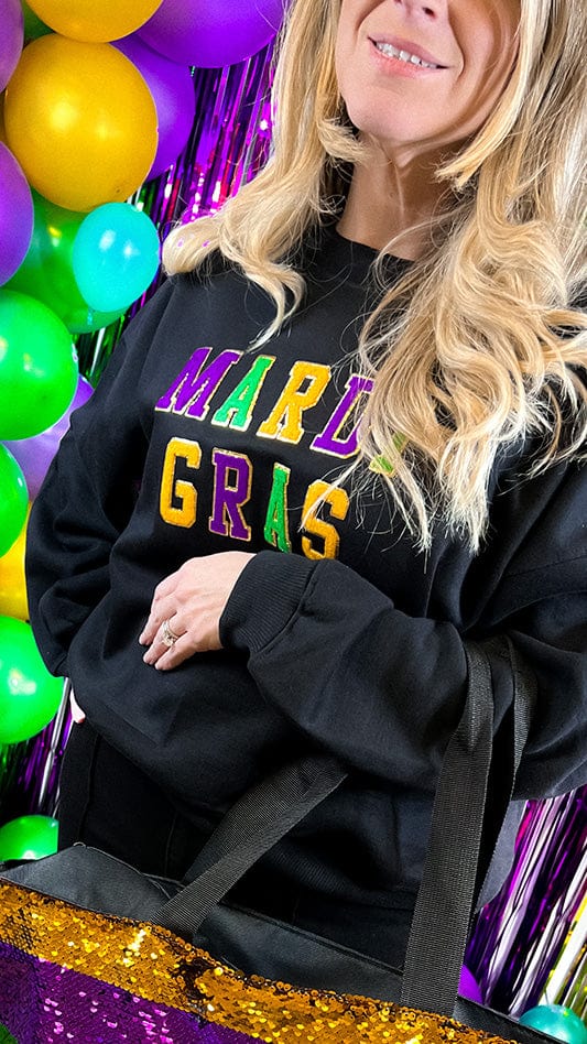 Black Chenille Patch Mardi Gras Cropped Sweatshirt