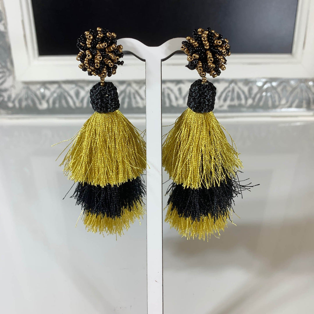 Black and Gold Chunky Tassel Earrings with beaded post