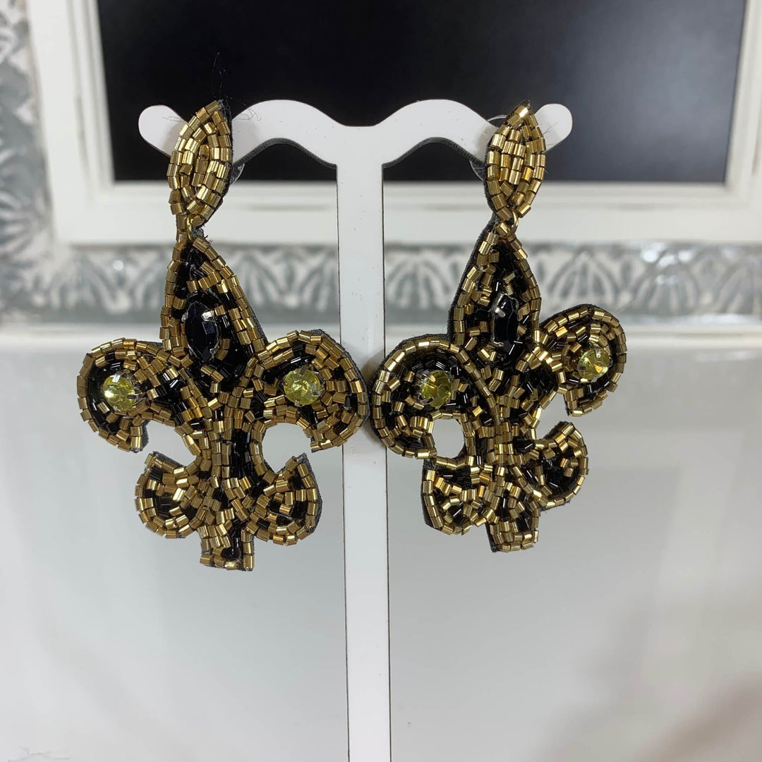 Black and Gold Beaded Fleur De Lis Earrings