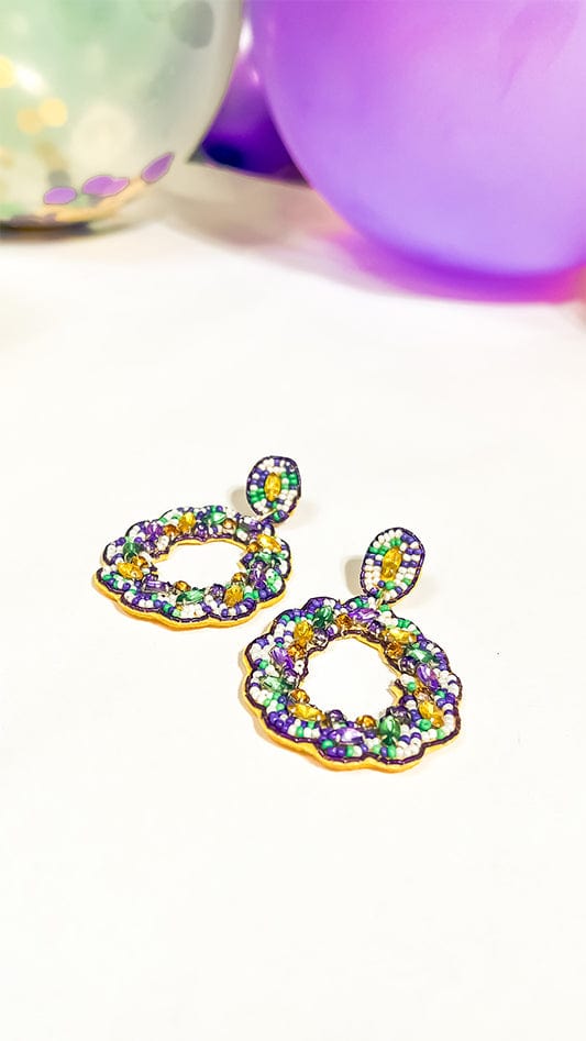 Mardi Gras Beaded and Jeweled King Cake Earrings