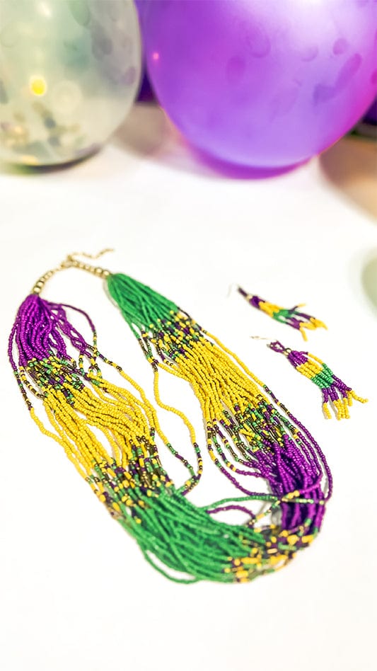 Mardi Gras Multi String Bead Necklace and Earring Set