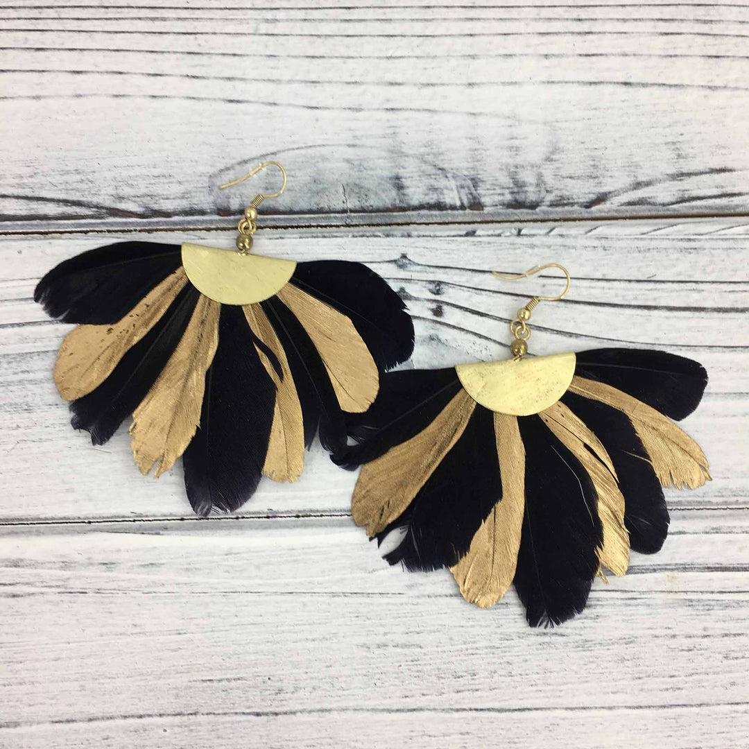 Black and Gold Feather Earrings