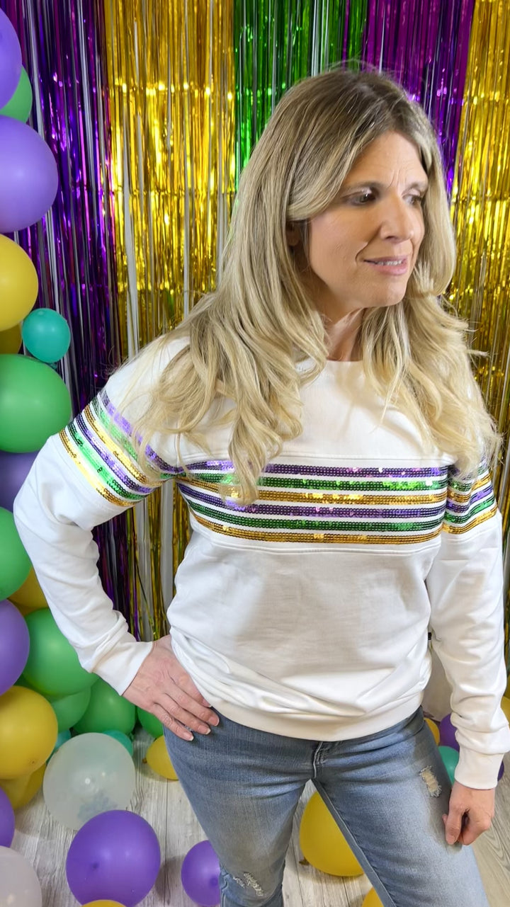 Mardi Gras Sequin Stripe French Terry Sweatshirt - White