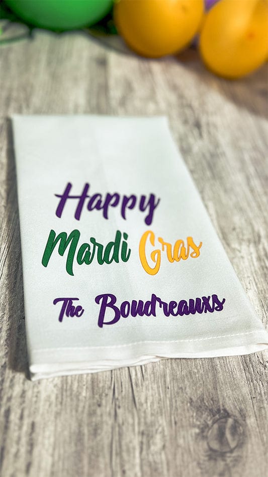 Happy Mardi Gras Personalized Tea Towel