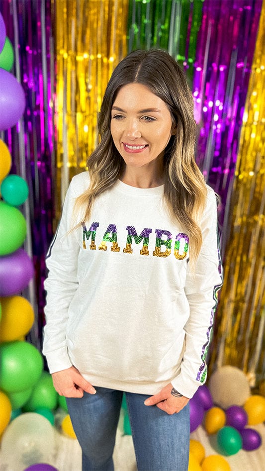 Mardi Gras MAMBO Sequin French Terry Sweatshirt - White