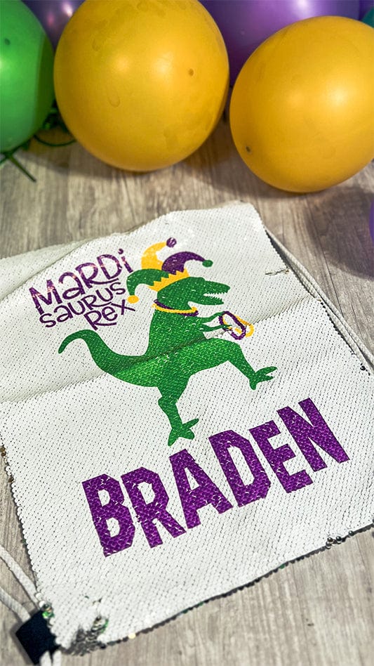 Mardi Gras T-Rex Sequin Bead Bag