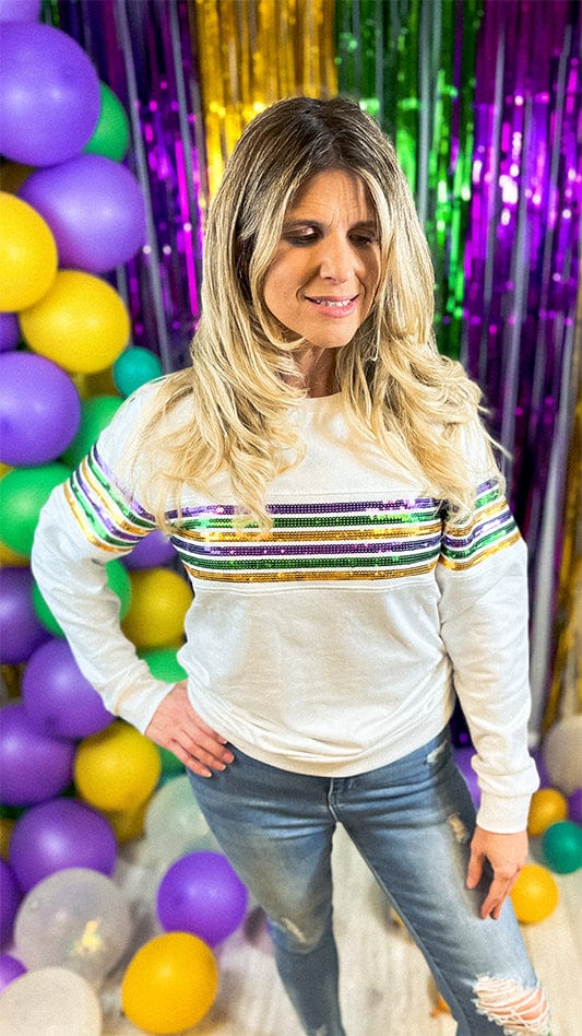 Mardi Gras Sequin Stripe French Terry Sweatshirt - White